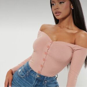 Pink Off-Shoulder Buttoned Bodysuit